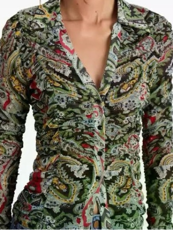 Alice + Olivia Tops - Alice + Olivia Multicolor Stretch Mesh Paisley Ruched Button-Front Top